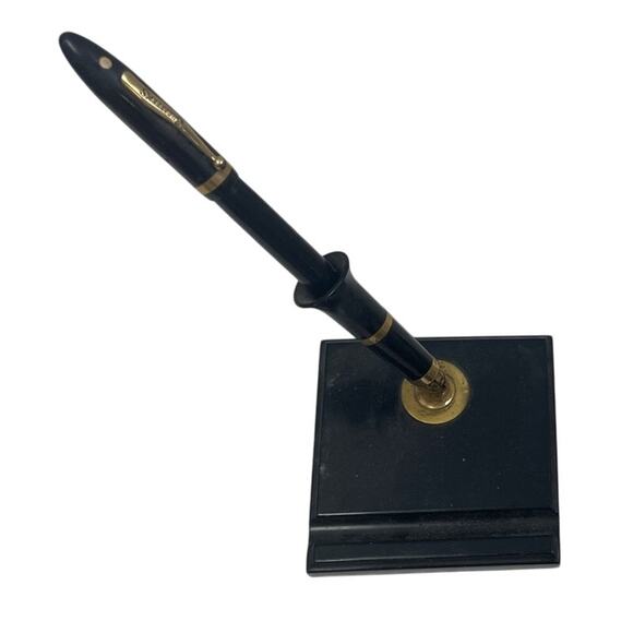 Vintage Sheaffers Black Fountain Pen Glass Base Inkwell Desk Stand Writing Set - Picture 3 of 8